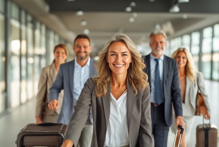 A group of five professionals, walking confidently through a bright airport hallway with luggage, smiling and wearing suits.