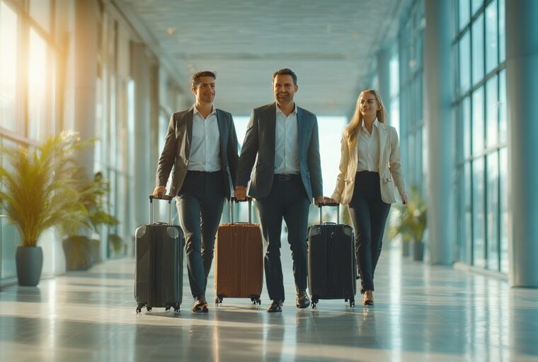 Three people in business attire walk confidently with rolling suitcases through a sunlit airport terminal.
