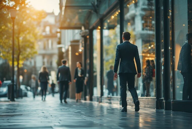 A person dressed in a suit with other pedestrians, walking down a city pavement lined with glass-fronted shops, glowing with warm sunlight.