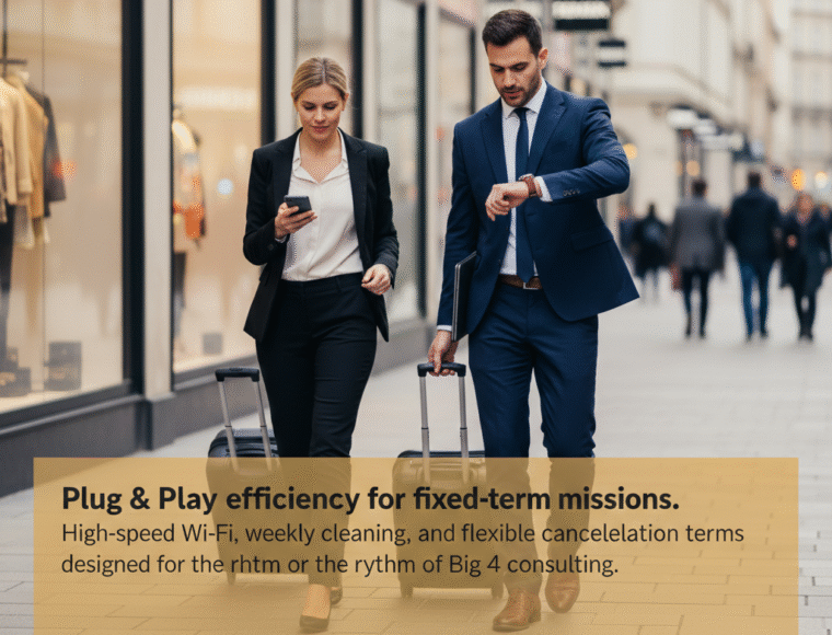 Corporate consultants on their way to key-inn Serviced Residences wearing suits and dragging a suitcase.